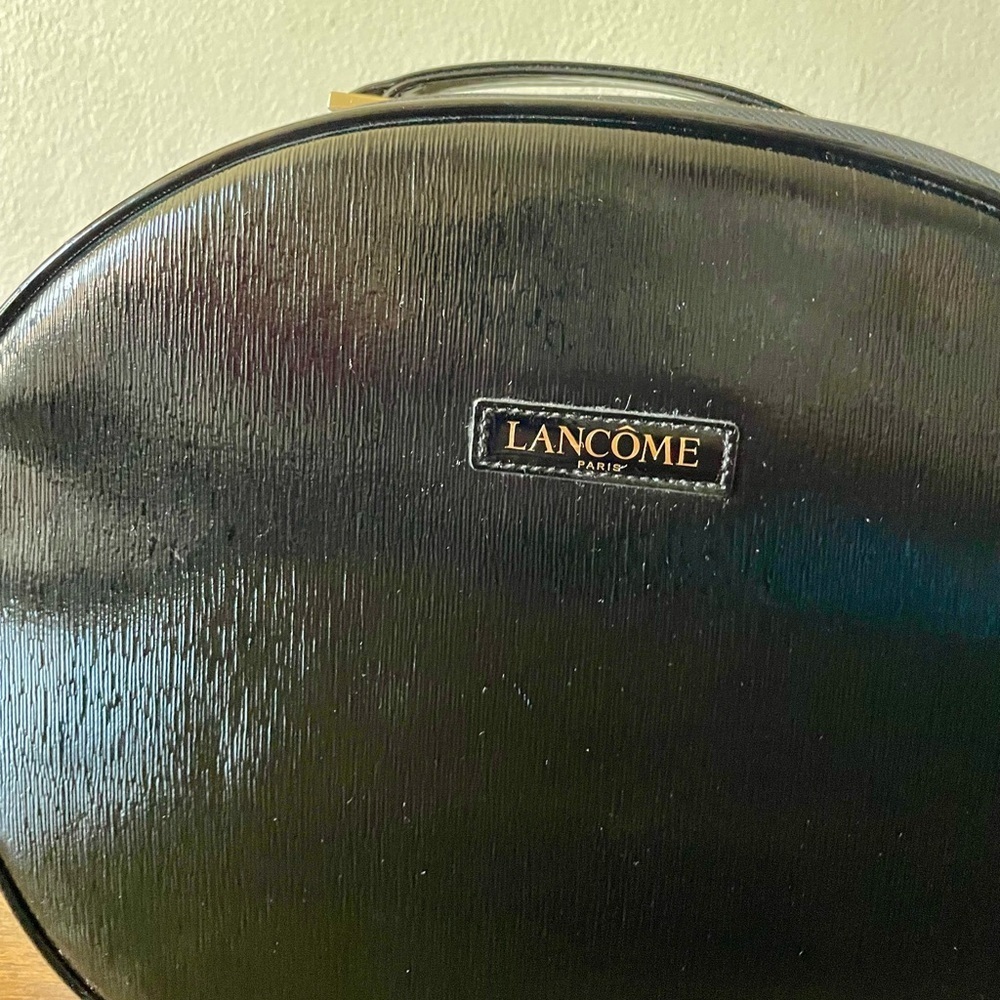 Lancome Paris Black Faux Leather Round Travel Cosmetic Bag Train Case - Picture 2 of 12